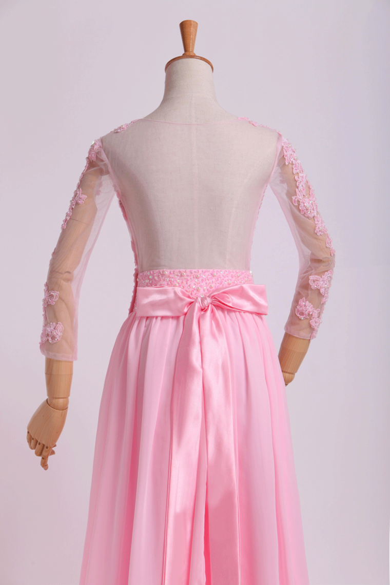2022 Mid-Length SleeveScoop Prom Dresses  A-Line Floor-Length Chiffon With Applique And Bow-Knot