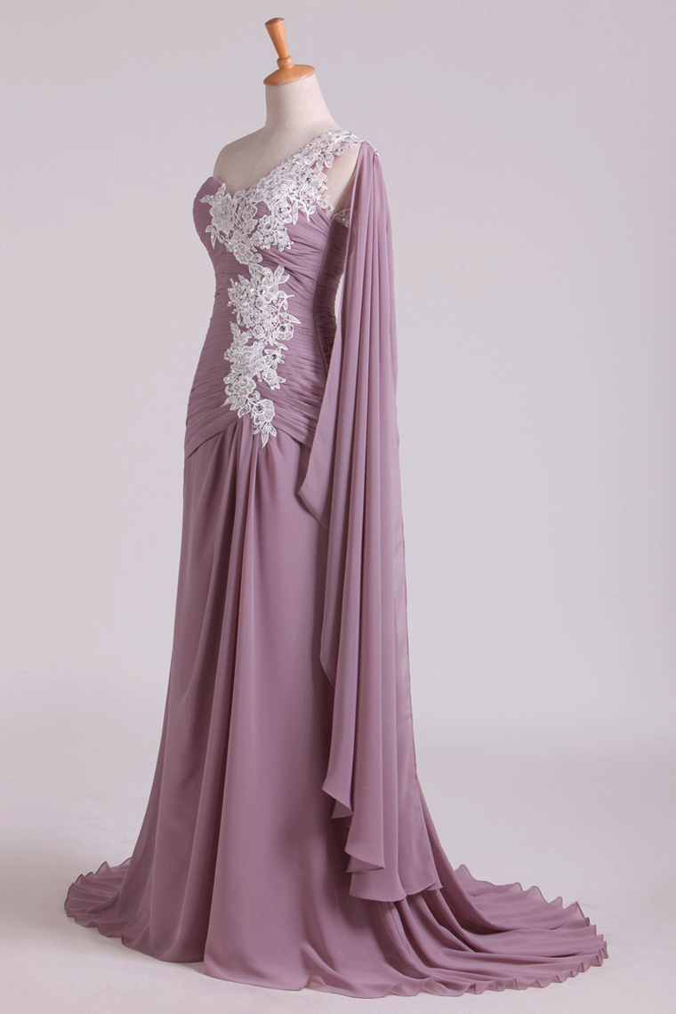 2022 One Shoulder Pleated Bodice Prom Dress With Beaded Applique Sweep Train