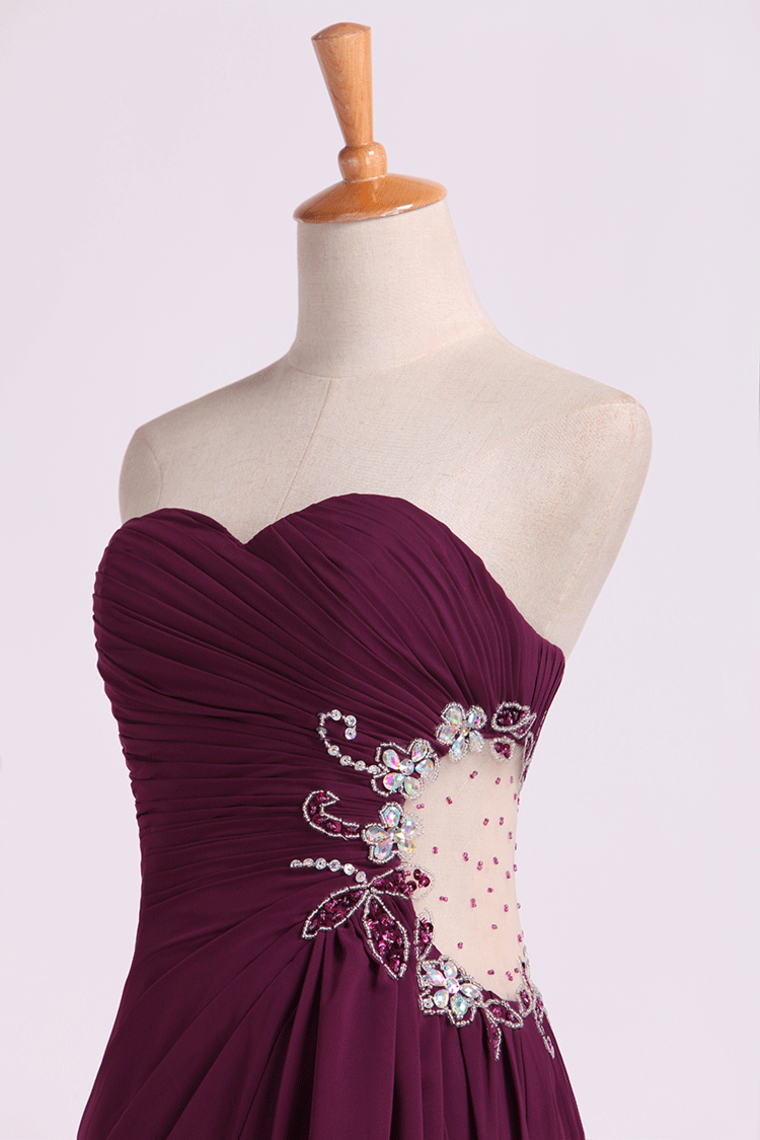 2022 Prom Dresses A Line Ruffled Bodice Beaded With Slit Floor Length