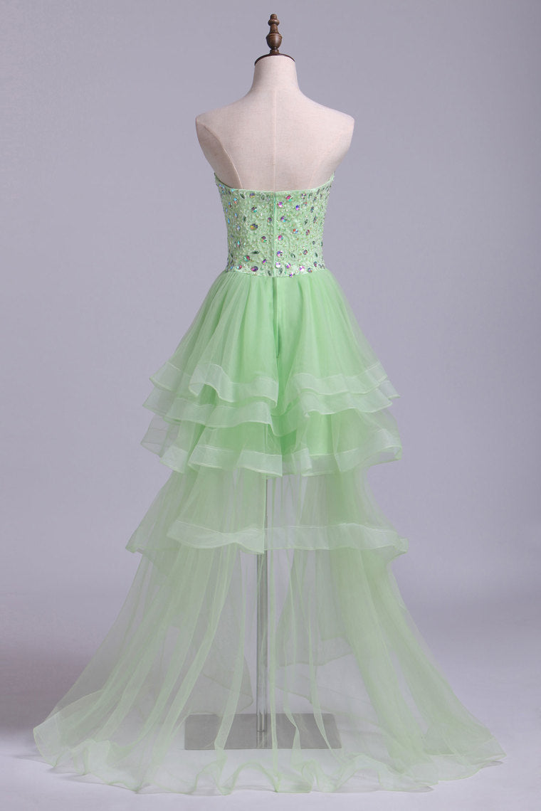 2022 Sweetheart A Line High Low Prom Dress Beaded Tulle