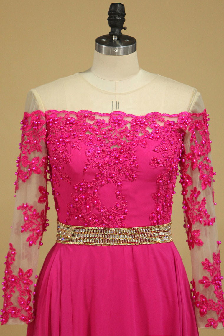 2022 Scoop Prom Dresses A Line Chiffon With Applique And Beads Sweep Train