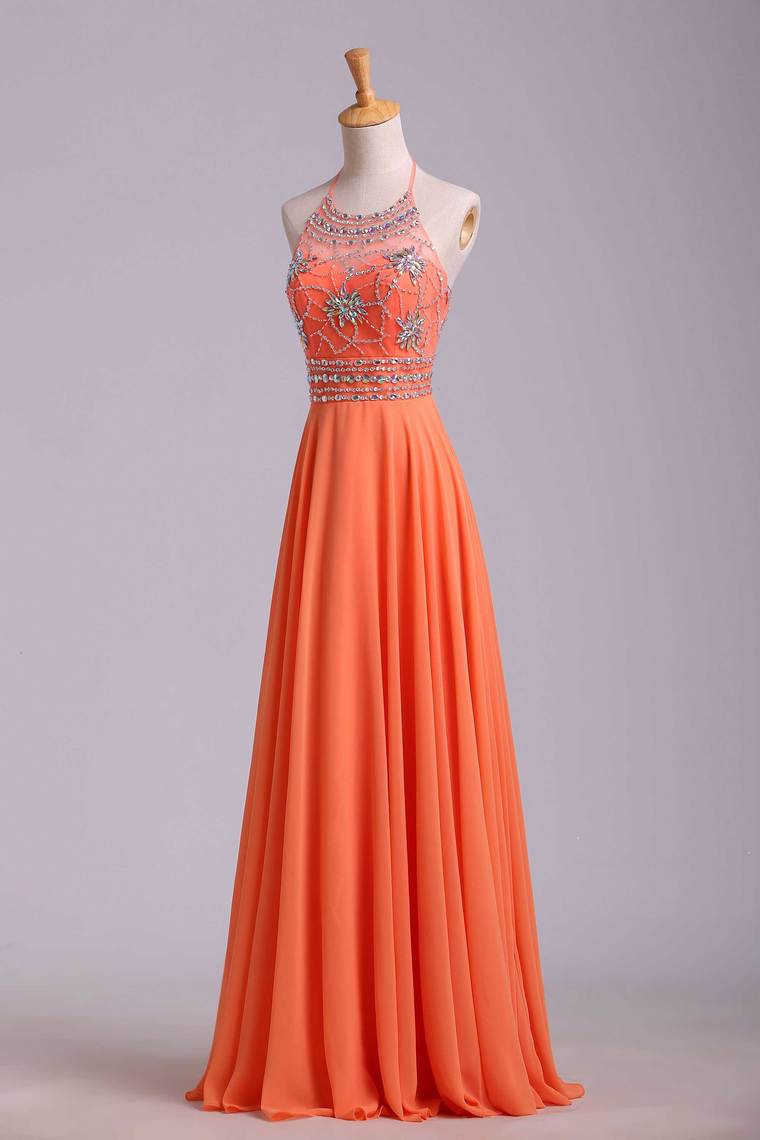 2022 Halter Prom Dress Beaded Bodice A Line Chiffon Long Chic Dresses
