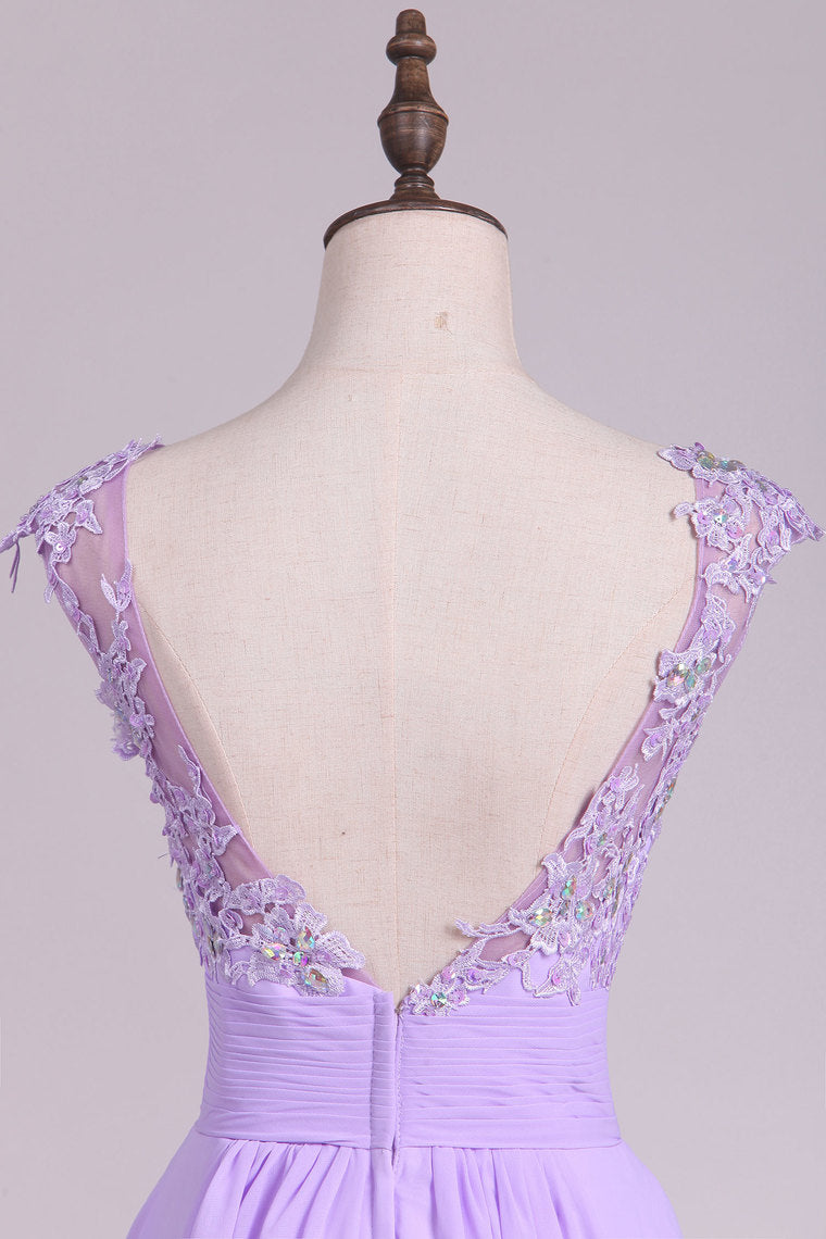 2022 New Arrival Bateau Prom Dresses A Line Chiffon With Applique And Beads