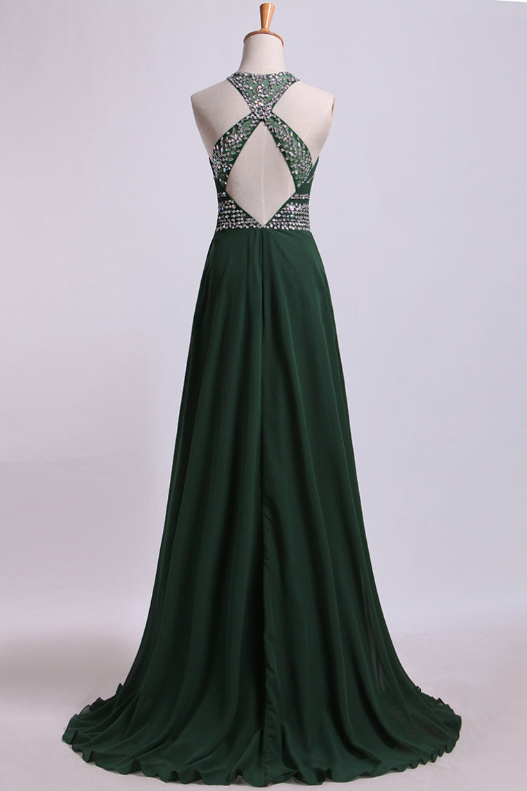 2022 Halter A-Line/Princess Prom Dresses Tulle&Chiffon Sweep Train