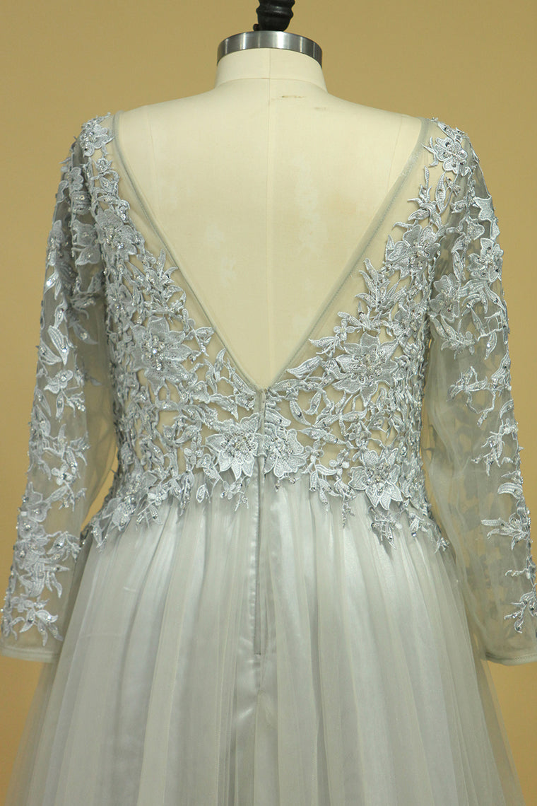 2022 Long Sleeves Prom Dresses Bateau With Slit & Embroidery Tulle Floor Length Plus Size