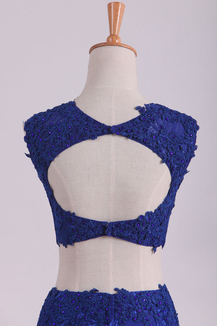 2022 Sheath Open Back Two Pieces Prom Dresses Lace With Applique & Beading Dark Royal Blue