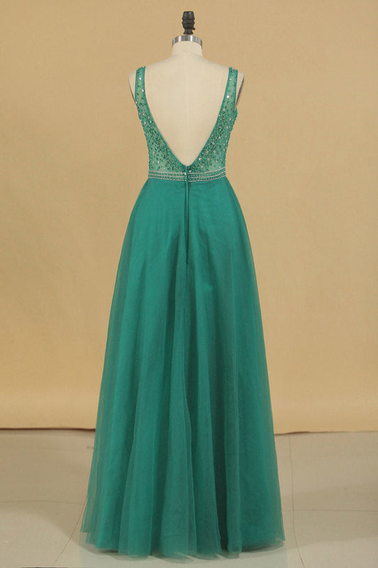 2022 A Line V Neck Prom Dresses Tulle With Beading Floor Length