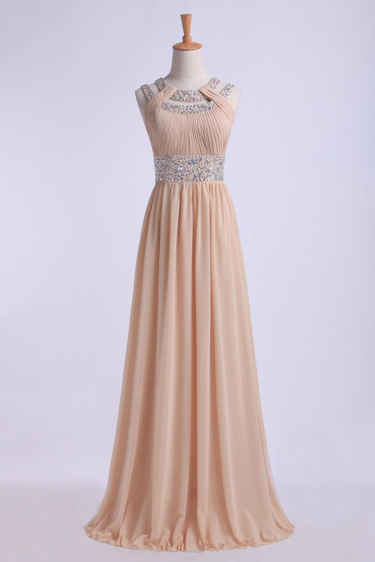 2022 Prom Dresses Scoop A Line Floor-Length Open Back Chiffon With Beading