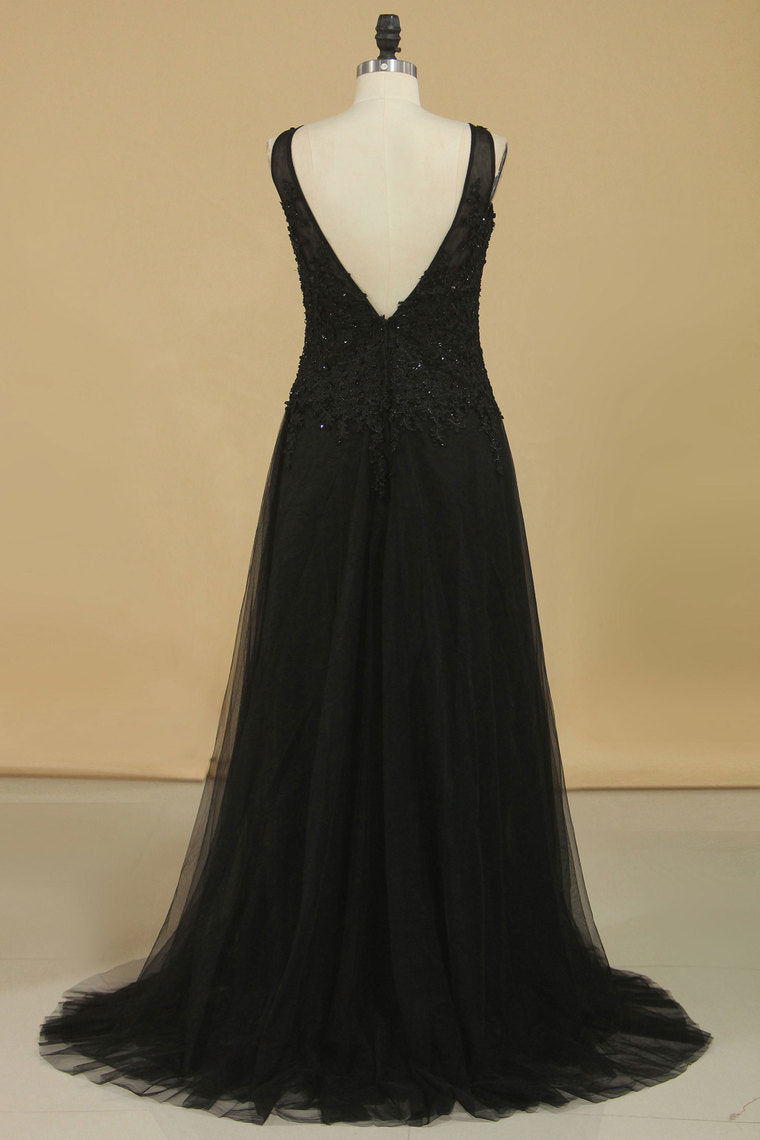 2022 Evening Dresses Bateau Floor Length Tulle With Applique And Beads
