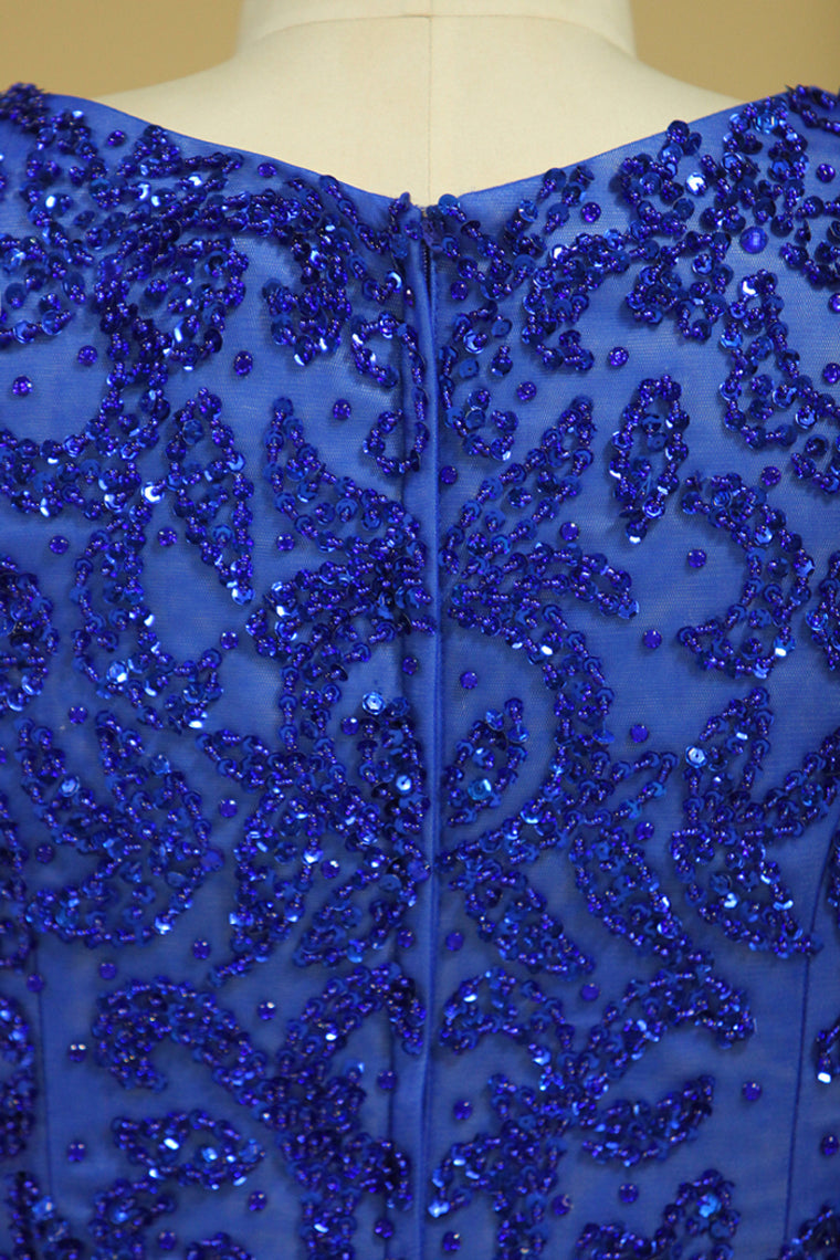 2022 Plus Size A Line Prom Dresses Scoop Dark Royal Blue Satin Cap Sleeves Floor-Length
