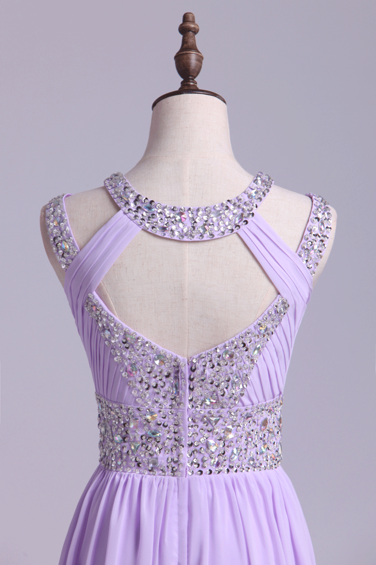 2022 Sexy Prom Dresses Scoop A Line Floor-Length Open Back Chiffon With Beading