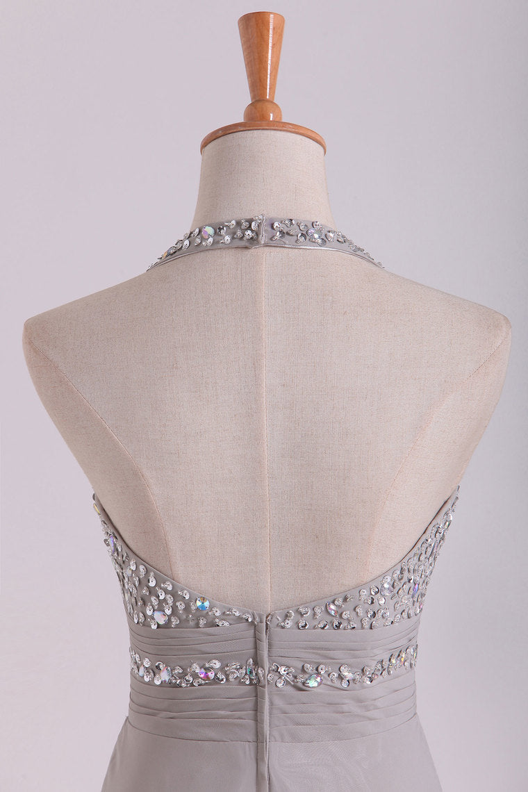 2022 Prom Dresses A Line Halter Floor Length Chiffon