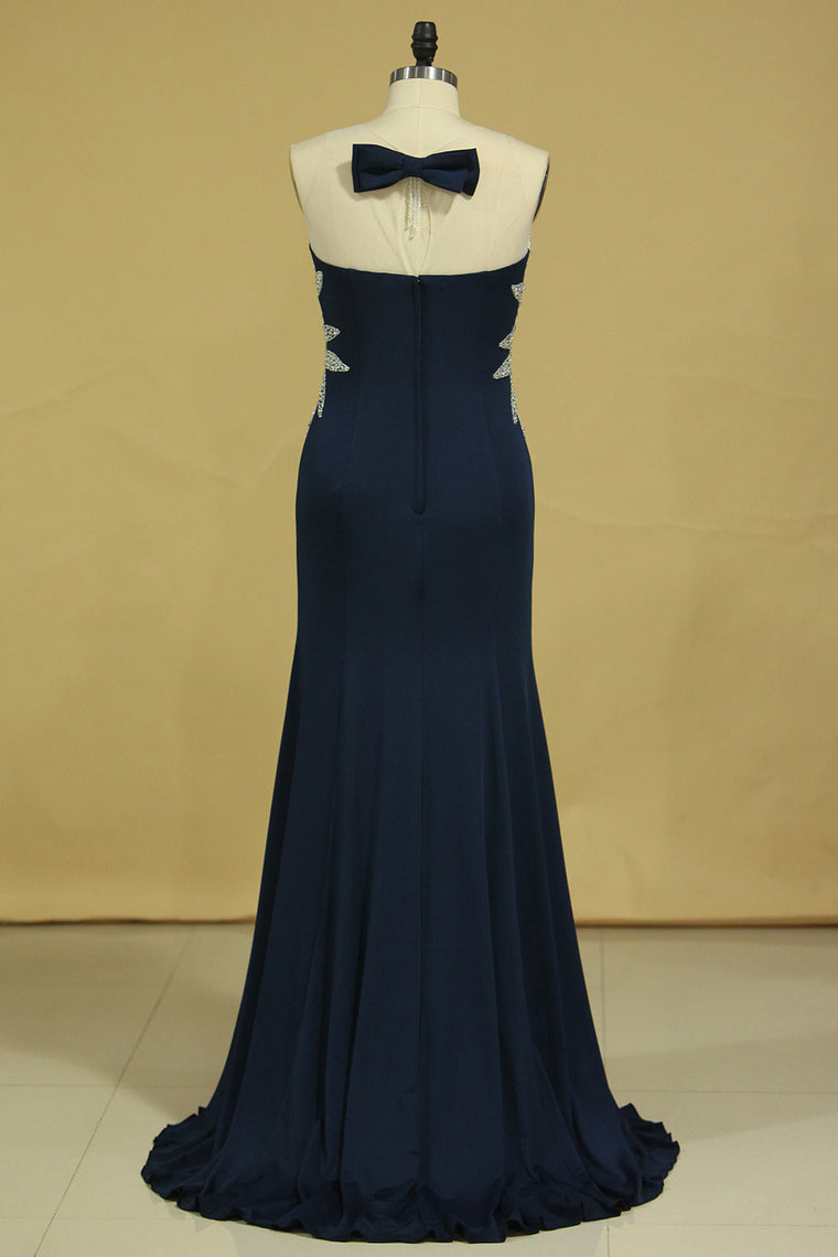 2022 New Arrival Prom Dresses Gorgeous Mermaid Beading Illusion Floor-Length Satin Plus Size