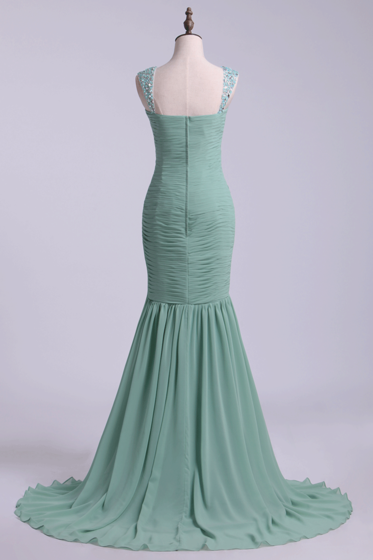 2022 Long Prom Dresses Straps Ruffled Bodice Beaded Hot Selling