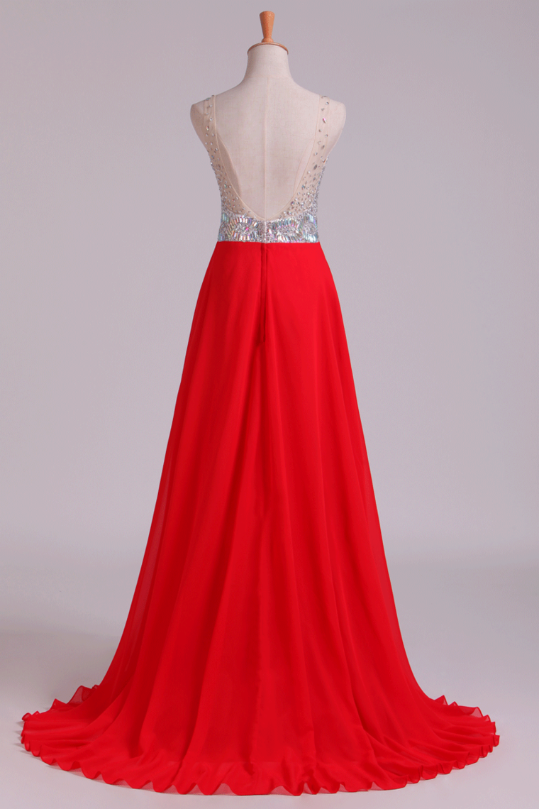 2022 Prom Dress V-Neck A-Line Beaded Tulle Bodice Sweep Train Chiffon