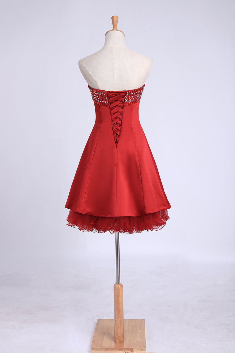 2022 Cocktail Dress Strapless A Line Short/Mini With Crystal Beading Satin And Tulle Lace Up Burgundy/Maroon