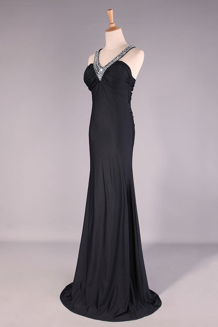 2022 Slim V Neck Prom Dress Sheath Floor Length Open Back Discount Price #2085