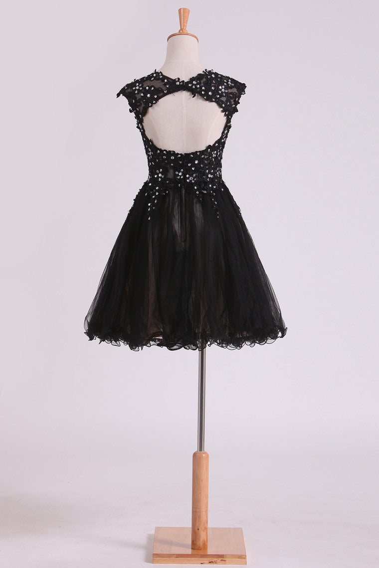 2022 Black Scoop Short/Mini Homecoming Dresses A Line Tulle With Applique And Beading