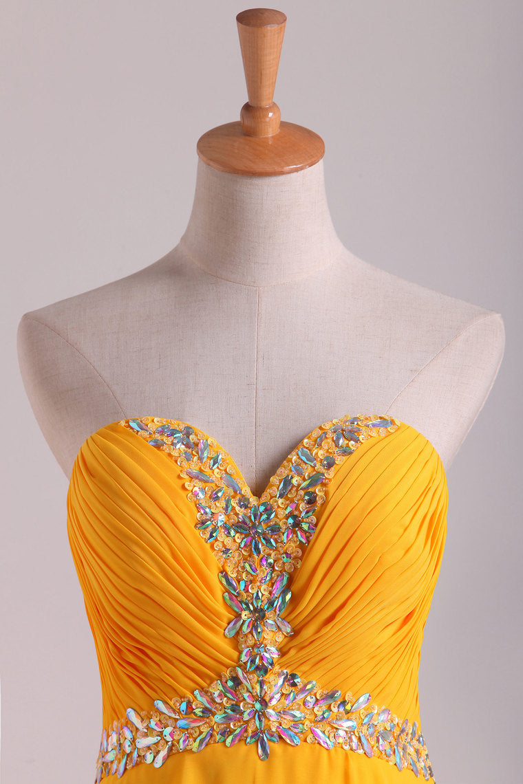 2022 Prom Dress Sweetheart Ruffled Bodice Beaded Neckline And Waistline Chiffon