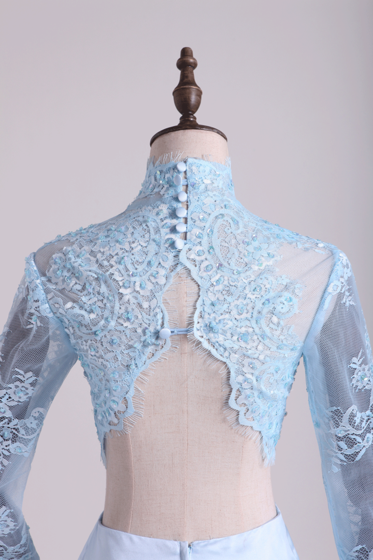 2022 Two Pieces Prom Dresses Mermaid Spandex & Tulle With Applique Light Sky Blue