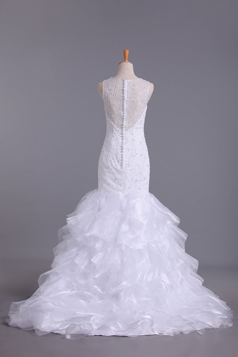 2022 Wedding Dresses Scoop Mermaid Court Train Organza Court Train