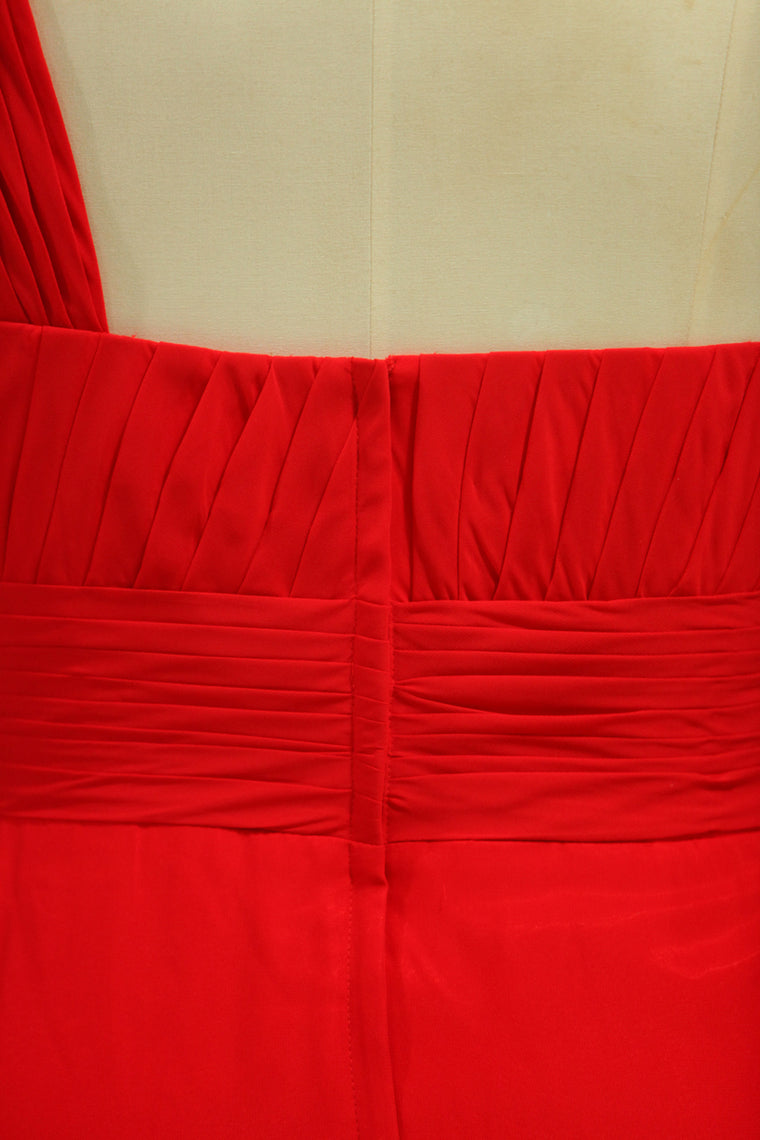 2022 Plus Size One Shoulder Bridesmaid Dresses  Ruffled Bodice A-Line Chiffon Red