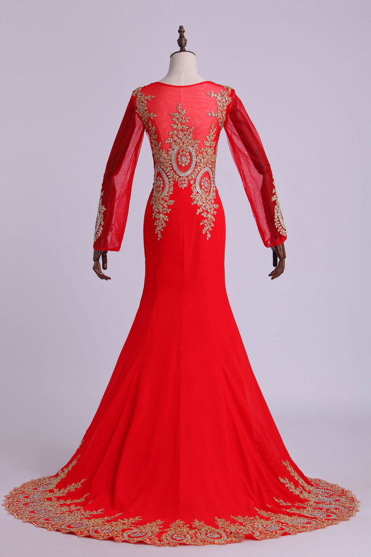 2022 Prom Dresses Long Sleeves Scoop Mermaid Beaded Court Train