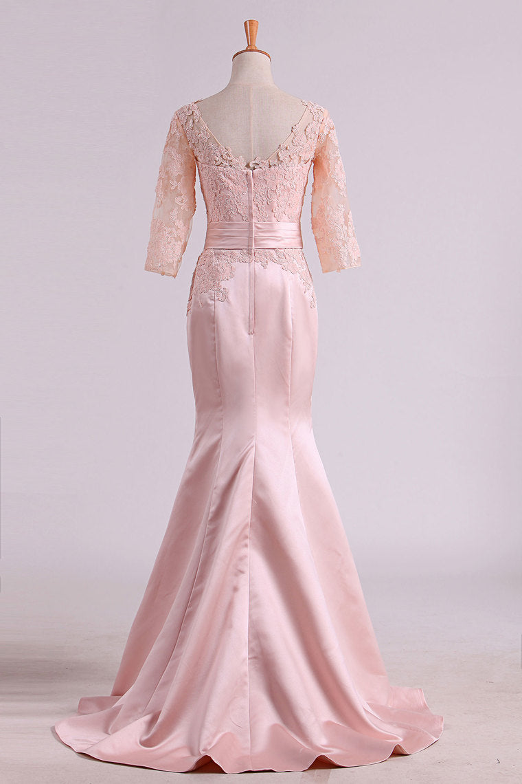 2022 Mother Of The Bride Dresses Mermaid Bateau 3/4 Length Sleeve Satin With Applique
