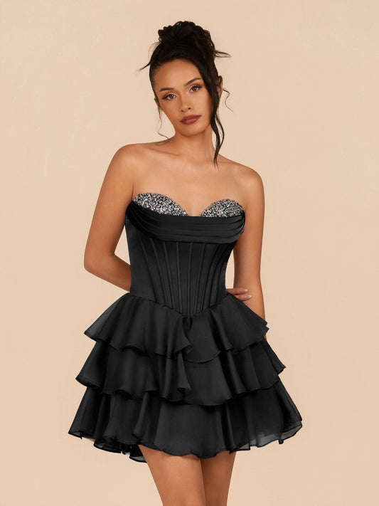 Elarae | Black - Strapless A Line Ruffles Homecoming Dress With Beading