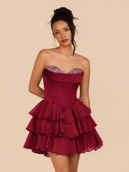 Elarae | Burgundy - Strapless A Line Ruffles Homecoming Dress With Beading