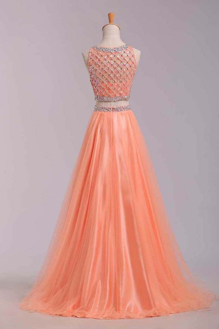 2022 Two Pieces Bateau Beaded Bodice A Line/Princess Prom Dress Pick Up Tulle Skirt Floor Length