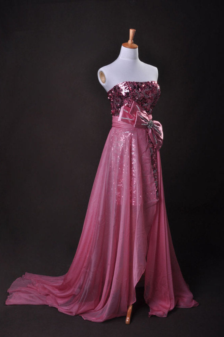Pink  Sheath/Column Strapless Asymmetrical Chiffon Lace Cz