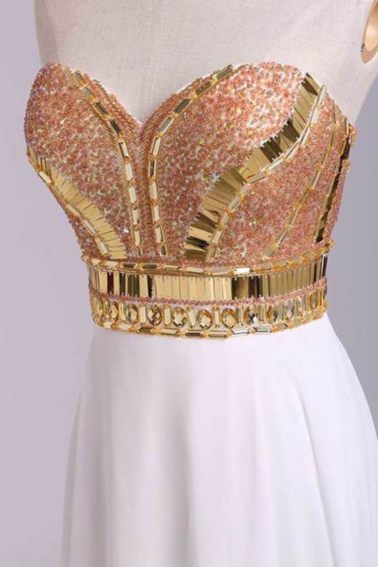 2022 New Arrival Prom Dresses A-Line Sweetheart Floor-Length Beaded Bodice Chiffon