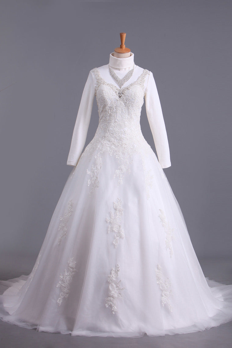 2022 Muslim Wedding Dress Sweetheart A Line Court Train With Applique & Sash Beaded