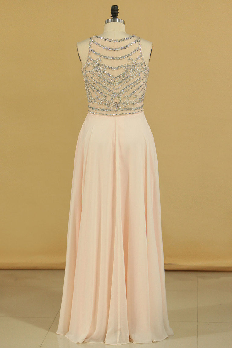 2022 Prom Dresses Scoop Beaded Bodice A Line Chiffon Floor Length