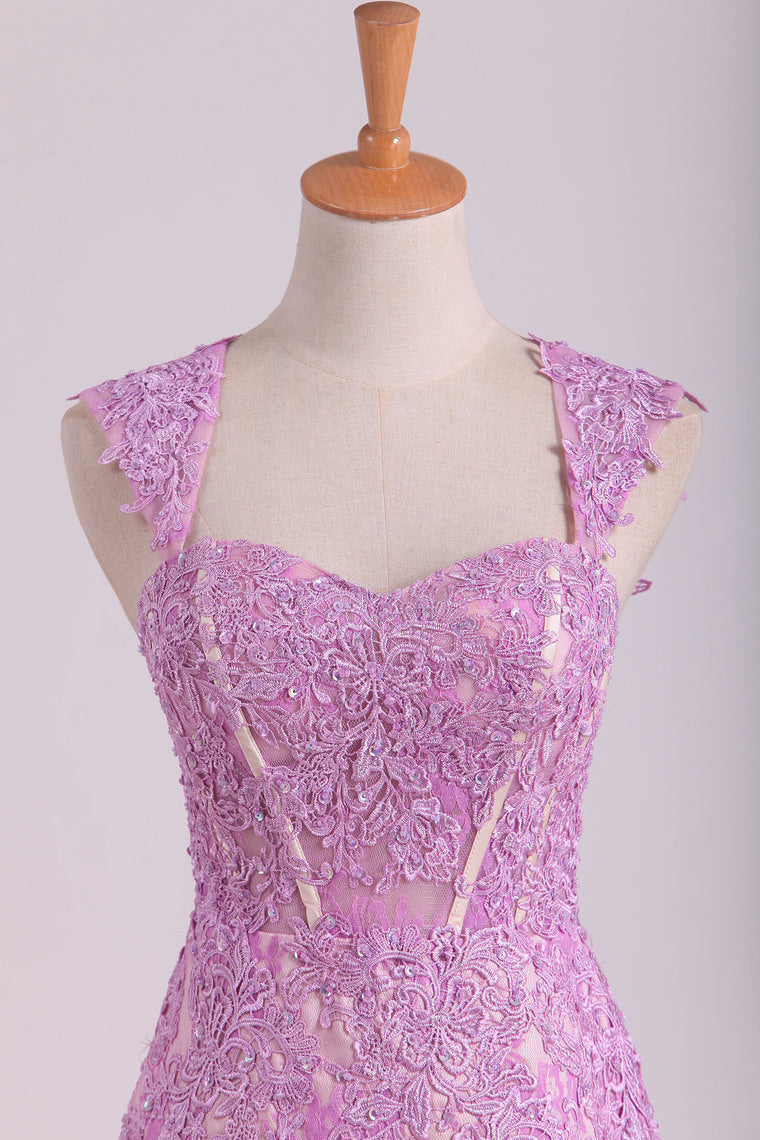 2022 See-Through Lace & Tulle  Straps Prom Dresses Sheath With Beading And Applique