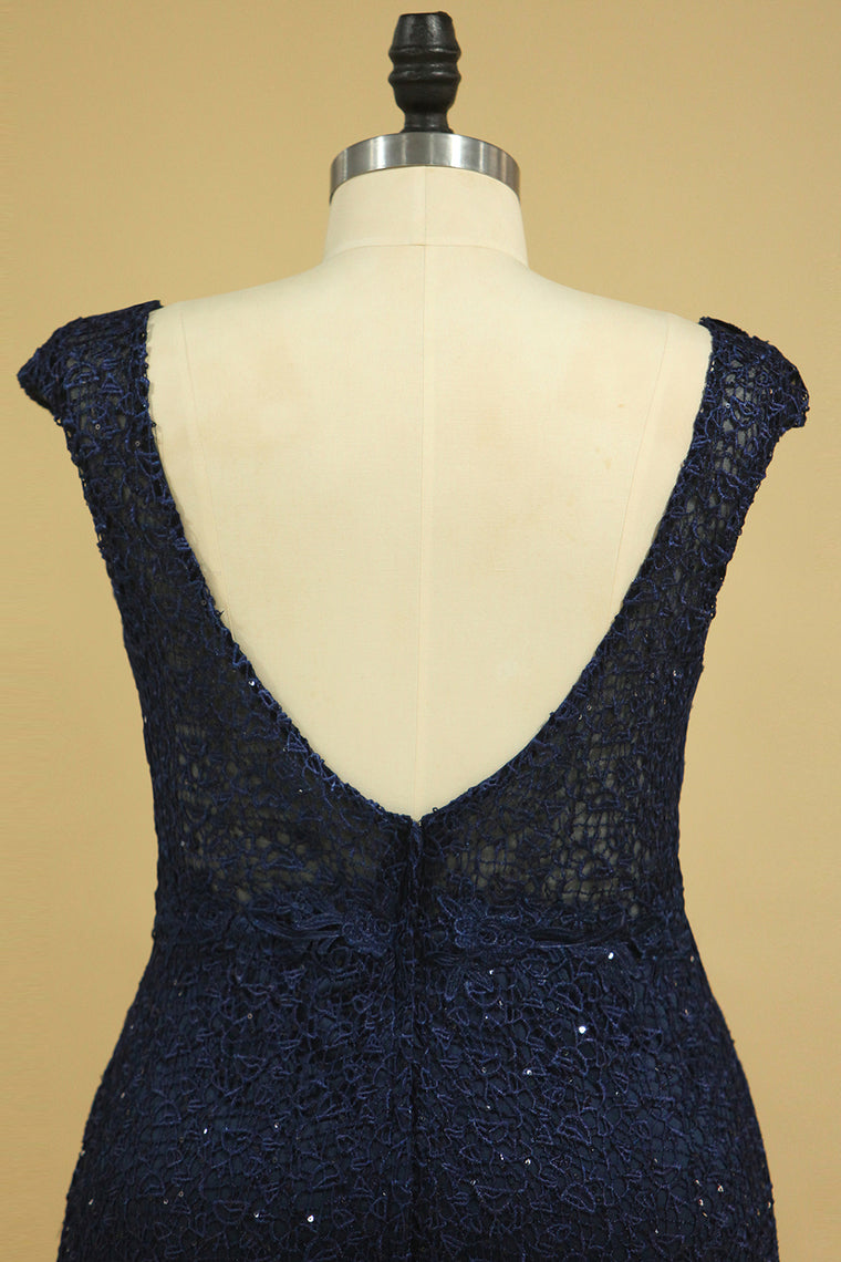 2022 Black V Neck Prom Dresses Sheath Lace Deep V Back Sweep Train Plus Size