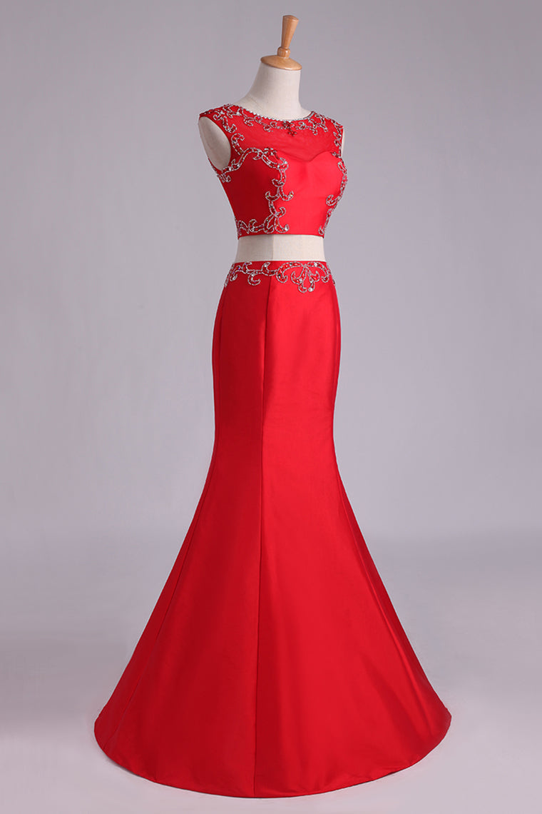 2022 Prom Dresses Two Pieces Bateau Mermaid/Trumpet Beaded Floor-Length Tulle And Taffeta