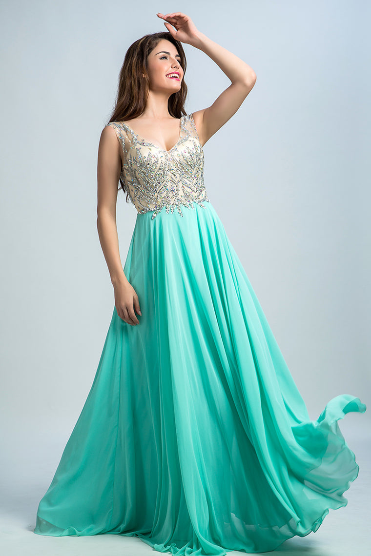 2022 V Neck Prom Dresses A Line Beaded Bodice Sweep Train Chiffon & Tulle