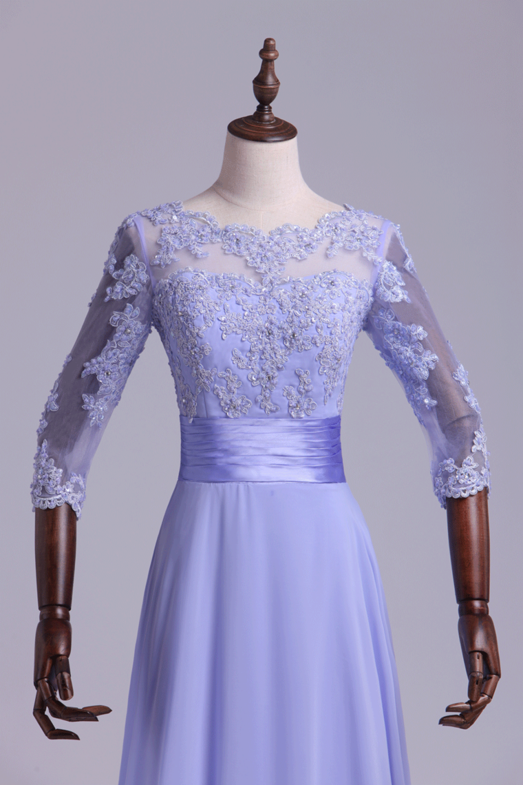 2022 Evening Dresses 3/4 Length Sleeve Bateau Tulle&Chiffon With Applique