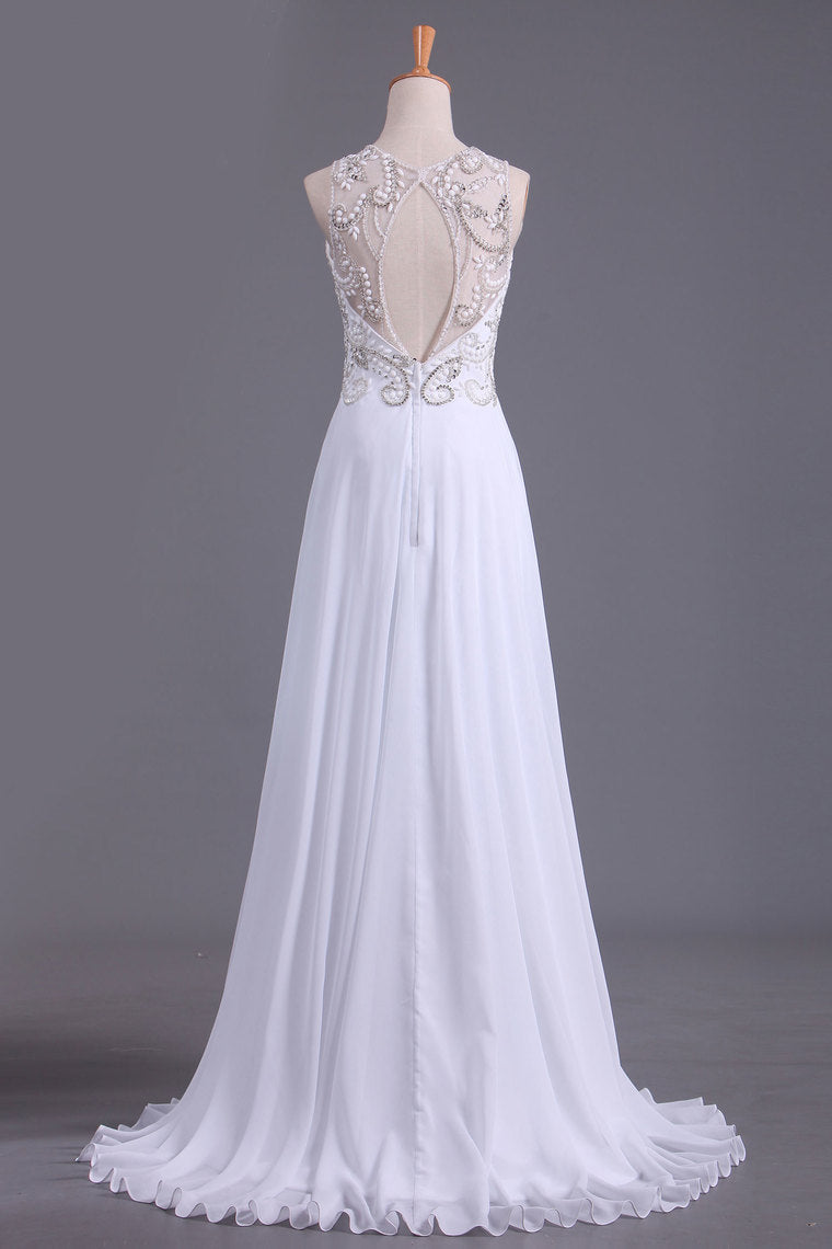 2022 A Line Scoop Prom Dresses Beaded Bodice Floor-Length Chiffon Open Back