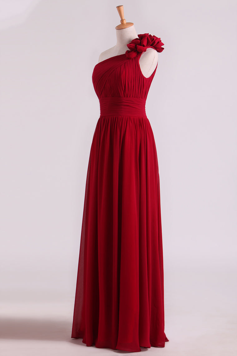 2022 One Shoulder Bridesmaid Dresses Chiffon With Handmade Flower Burgundy/Maroon