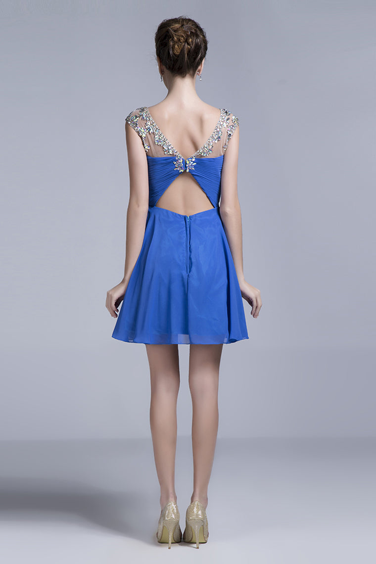 2022 Homecoming Dresses Short/Mini Rulffled&Beaded Chiffon Dark Royal Blue