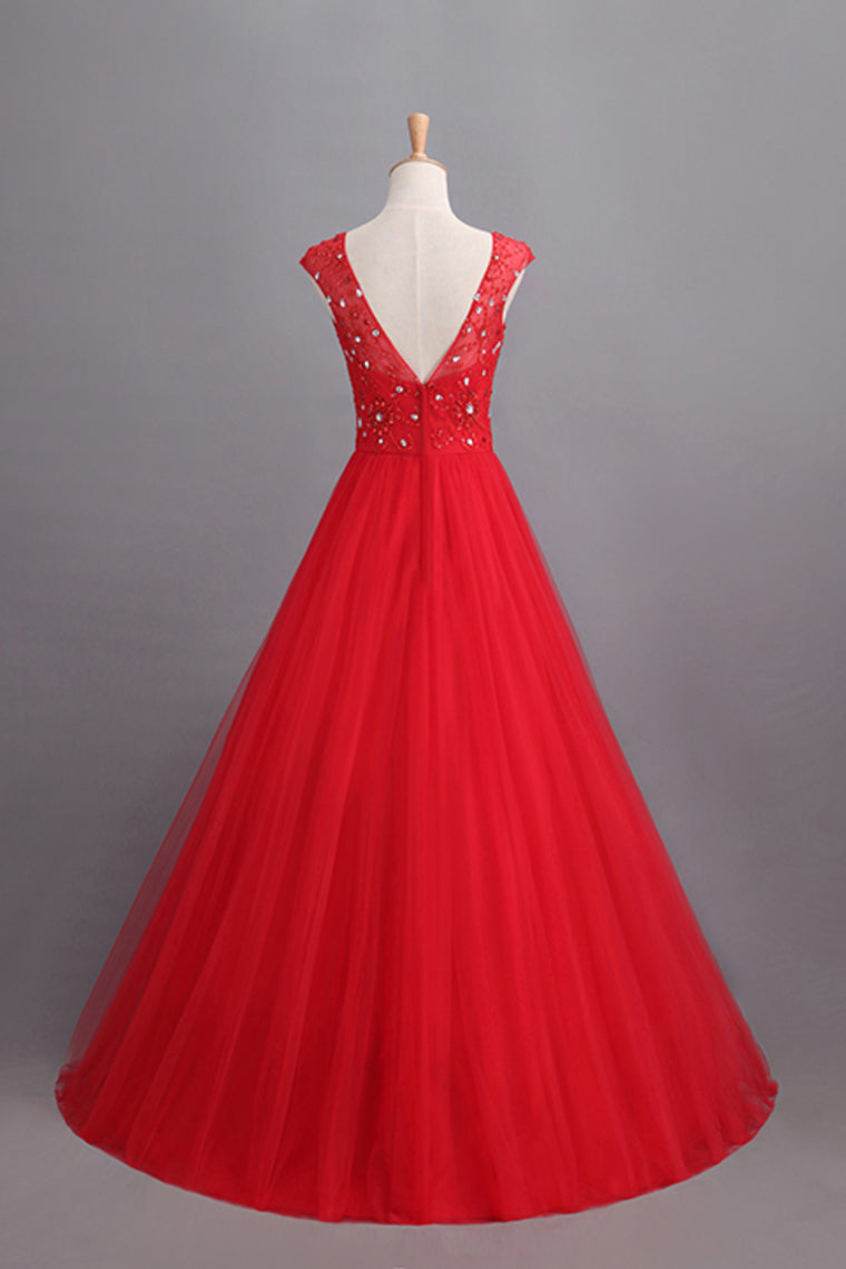 2022 Prom Dresses A Line Scoop Long Tulle V Back Red