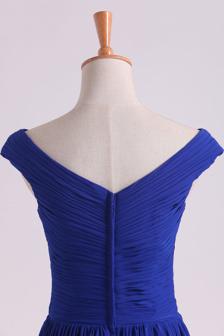 2022 Off The Shoulder Evening Dresses A Line Ruched Bodice Chiffon Floor Length Dark Royal Blue