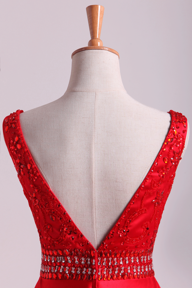 2022 Hot Red Satin Prom Dresses Straps Floor Length Beaded Bodice A Line