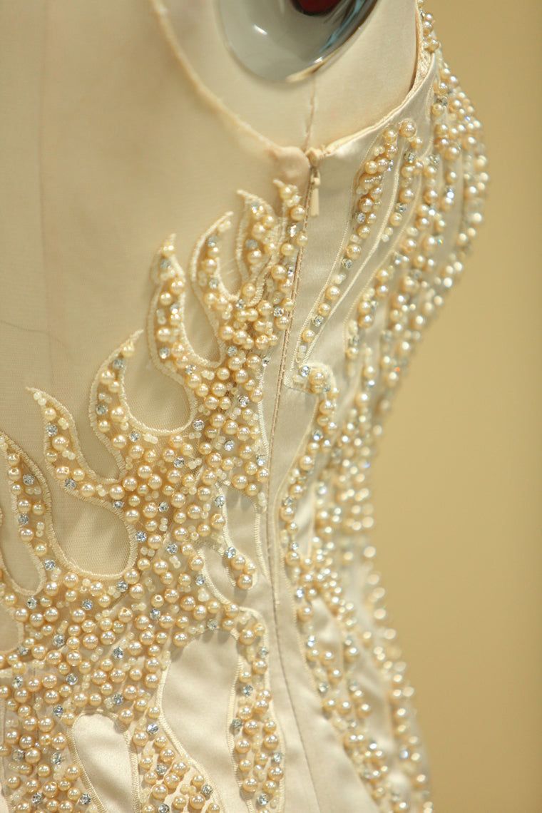 2022 New Arrival Gorgeous Mermaid Beading Illusion Satin Prom Dresses Floor-Length