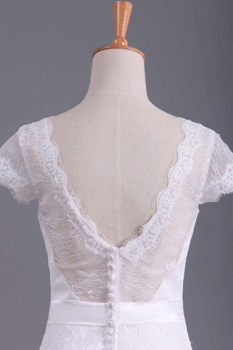 2022 Wedding Dresses V Neck Chiffon & Lace Short Sleeves Sweep Train