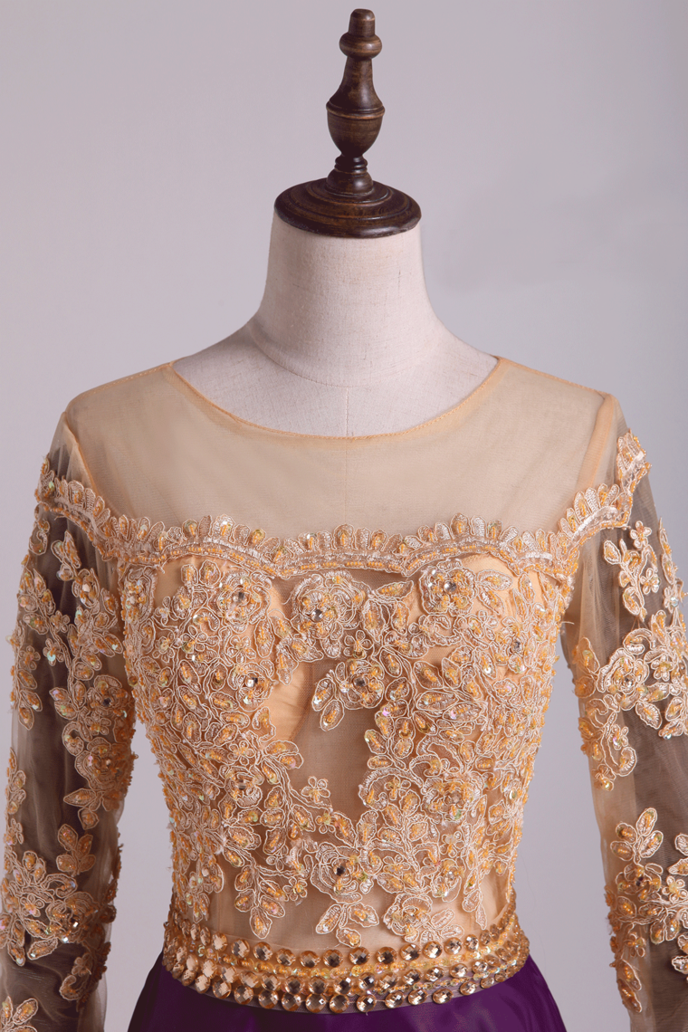 2022 Prom Dresses Scoop A Line With Applique And Beads Floor Length Long Sleeves