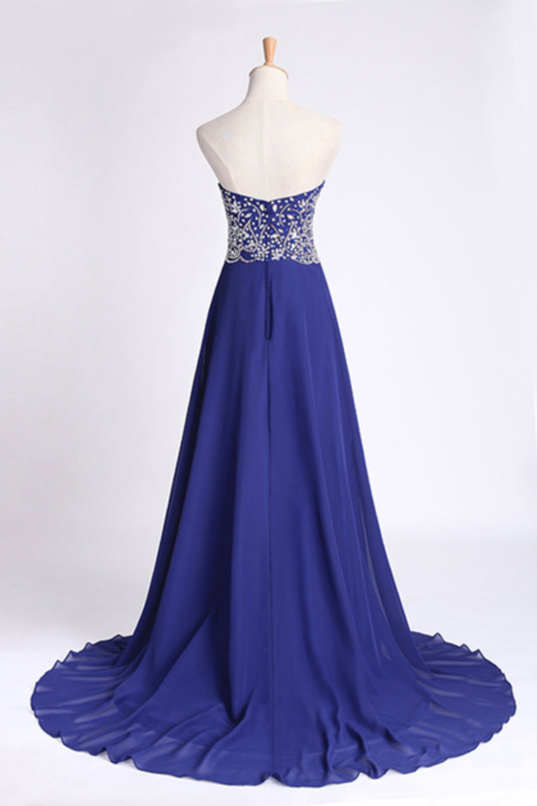 2022 Dark Royal Blue Prom Dress Sweetheart Beaded Bodice A Line Chiffon